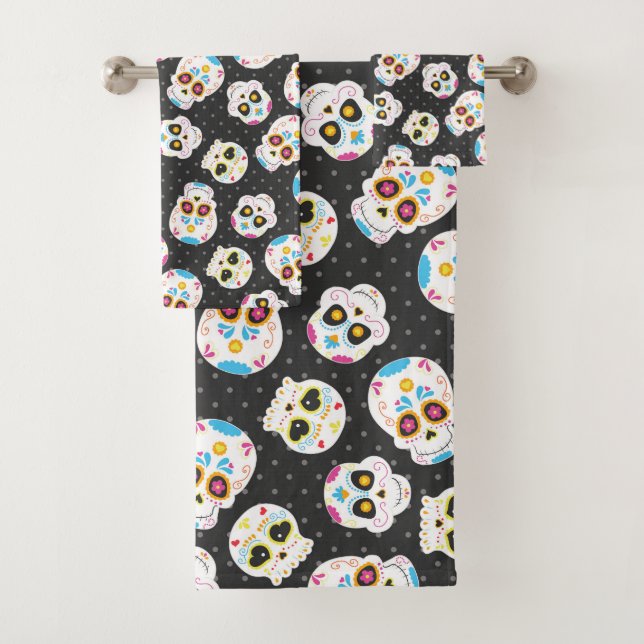 Sugar Skulls and Polka Dots on Black Bath Towel Set (Insitu)