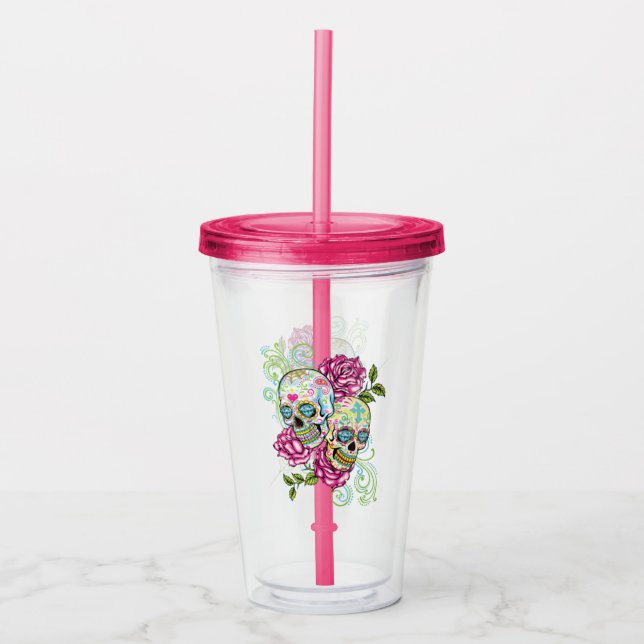 Sugar Skulls and Roses Acrylic Tumbler (Front)