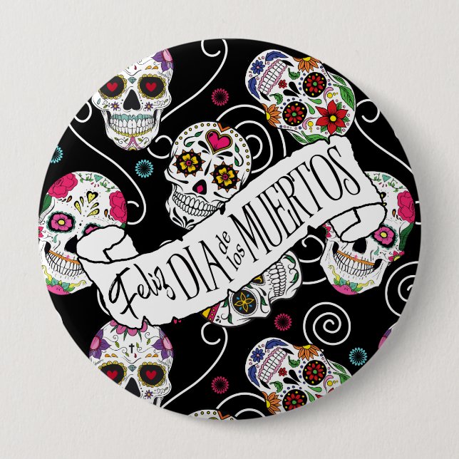 Sugar Skulls and Swirls Black D725 10 Cm Round Badge (Front)