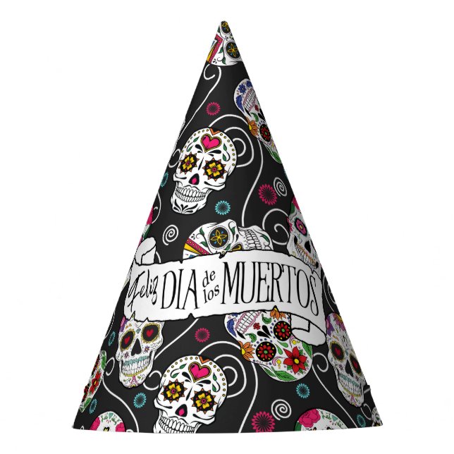 Sugar Skulls and Swirls Black D725 Party Hat (Front)