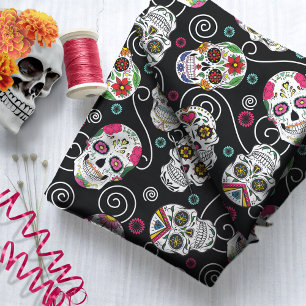 Sugar Skulls and Swirls Black ID725 Fabric