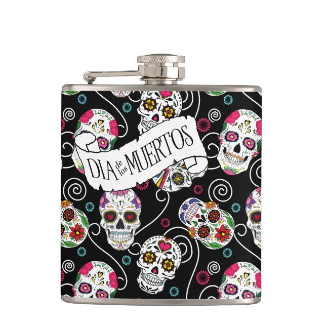 Sugar Skulls and Swirls Black ID725 Hip Flask (Front)
