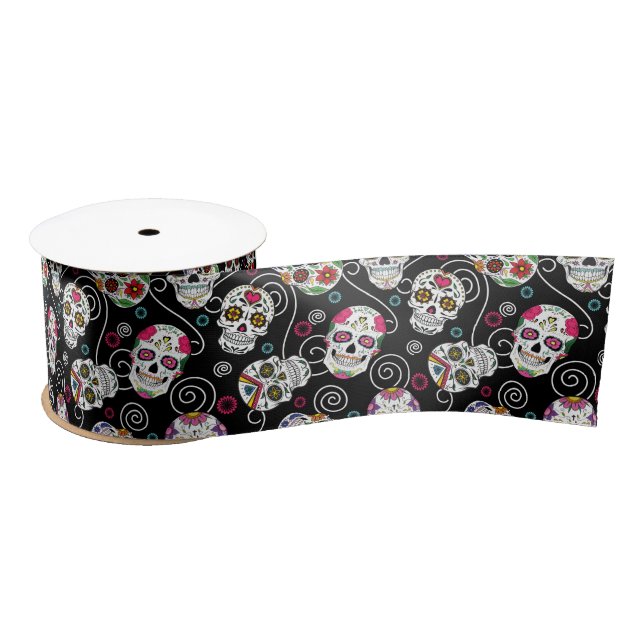 Sugar Skulls and Swirls Black ID725 Satin Ribbon (Spool)