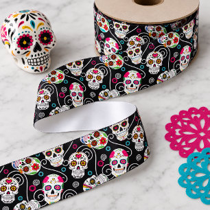 Sugar Skulls and Swirls Black ID725 Satin Ribbon