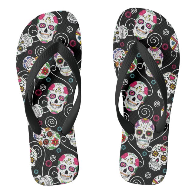 Sugar Skulls and Swirls Black ID725 Thongs (Footbed)