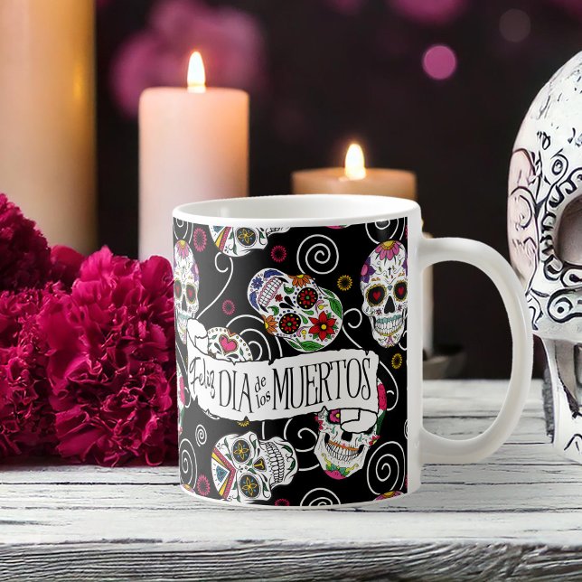 Sugar Skulls and Swirls Rose Black ID725 Coffee Mug (Creator Uploaded)