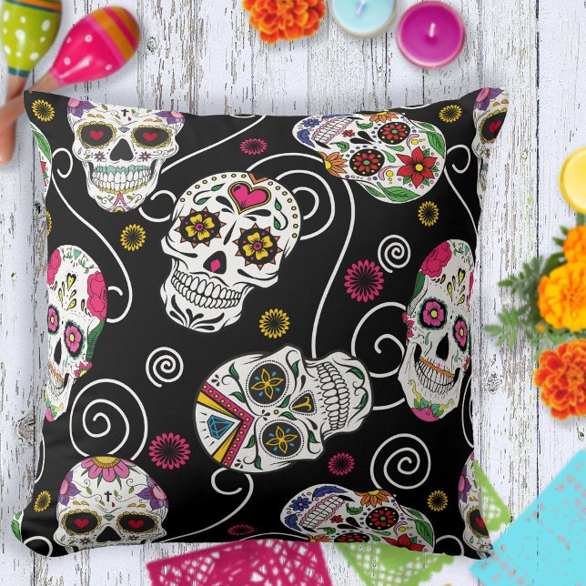 Sugar Skulls and Swirls Rose Black ID725 Cushion (Creator Uploaded)