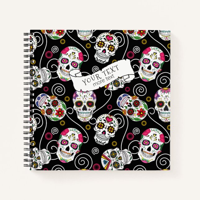 Sugar Skulls and Swirls Rose Black ID725 Notebook (Front)