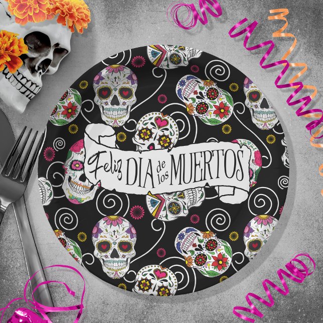 Sugar Skulls and Swirls Rose Black ID725 Paper Plate (Creator Uploaded)