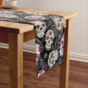 Sugar Skulls and Swirls Rose Black ID725 Short Table Runner