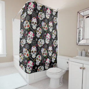Sugar Skulls and Swirls Rose Black ID725 Shower Curtain