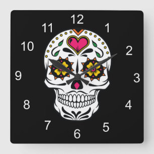 Sugar Skulls and Swirls Rose Black ID725 Square Wall Clock