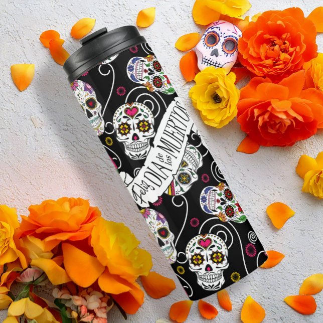 Sugar Skulls and Swirls Rose Black ID725 Thermal Tumbler (Creator Uploaded)