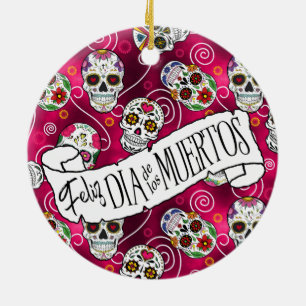 Sugar Skulls and Swirls Rose Red ID725 Ceramic Ornament