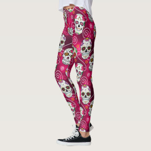 Sugar Skulls and Swirls Rose Red ID725 Leggings