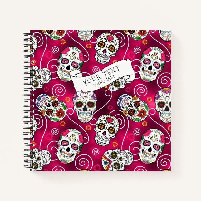 Sugar Skulls and Swirls Rose Red ID725 Notebook (Front)