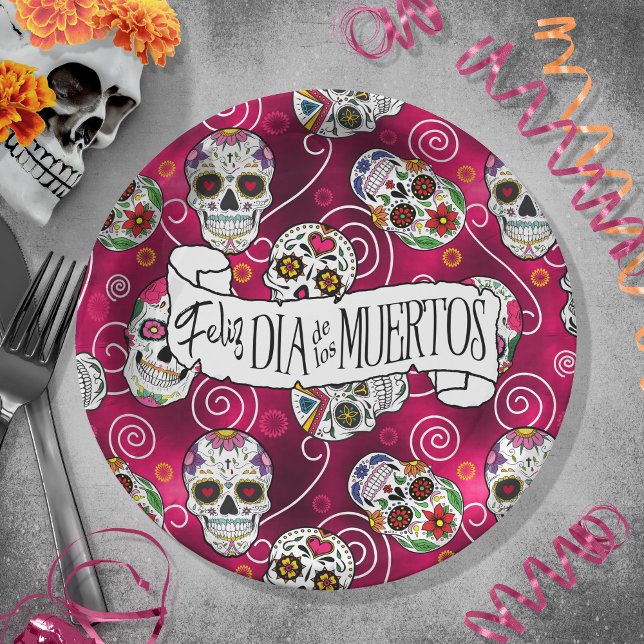 Sugar Skulls and Swirls Rose Red ID725 Paper Plate (Creator Uploaded)
