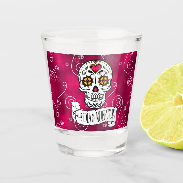Sugar Skulls and Swirls Rose Red ID725 Shot Glass (Front)