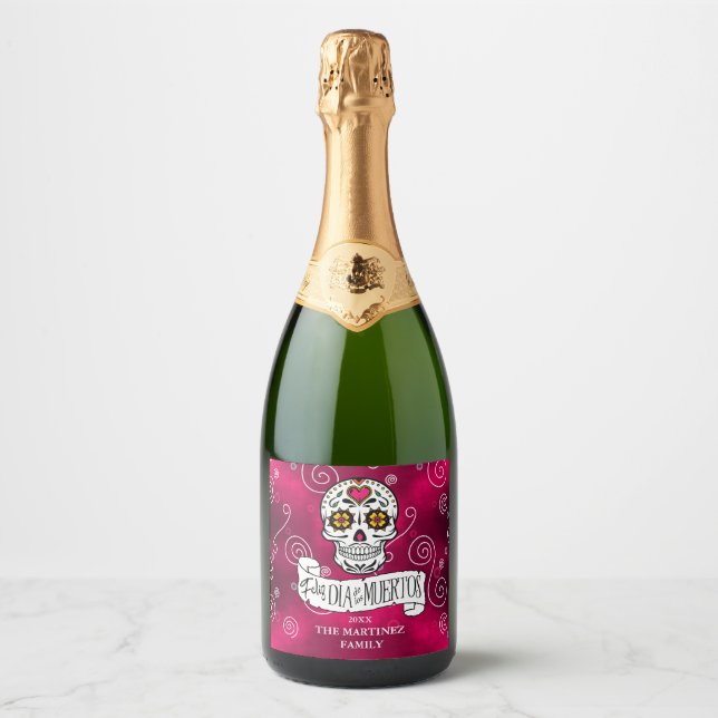 Sugar Skulls and Swirls Rose Red ID725 Sparkling Wine Label (Front)