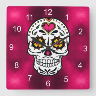 Sugar Skulls and Swirls Rose Red ID725 Square Wall Clock