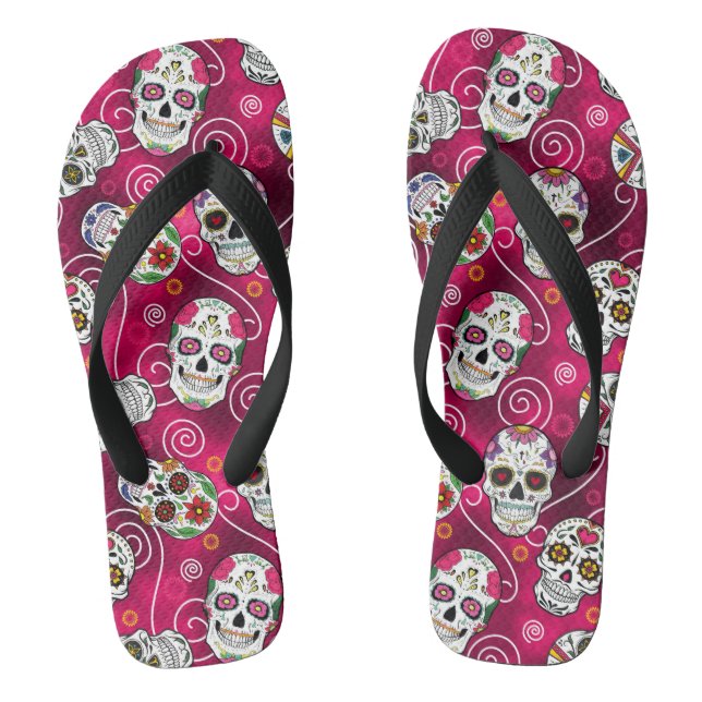 Sugar Skulls and Swirls Rose Red ID725 Thongs (Footbed)