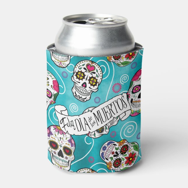 Sugar Skulls and Swirls Rose Turquoise ID725 Can Cooler (Can Front)