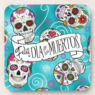 Sugar Skulls and Swirls Rose Turquoise ID725 Coaster