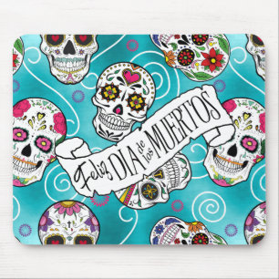 Sugar Skulls and Swirls Rose Turquoise ID725 Mouse Pad