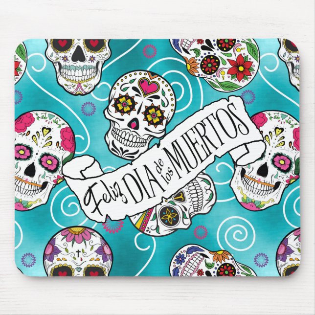 Sugar Skulls and Swirls Rose Turquoise ID725 Mouse Pad (Front)