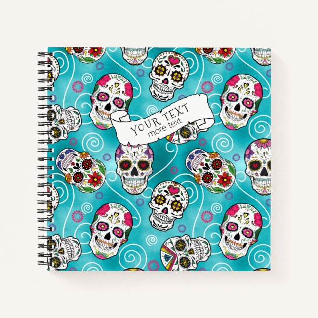 Sugar Skulls and Swirls Rose Turquoise ID725 Notebook (Front)