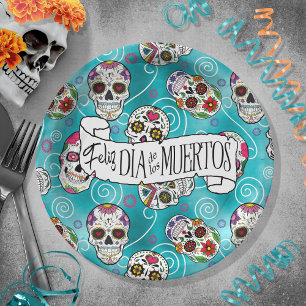 Sugar Skulls and Swirls Rose Turquoise ID725 Paper Plate