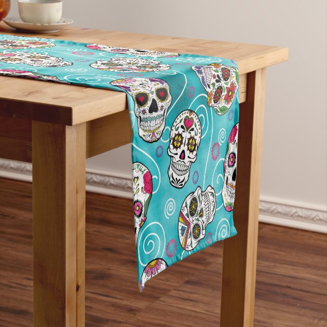 Sugar Skulls and Swirls Rose Turquoise ID725 Short Table Runner (In Situ)