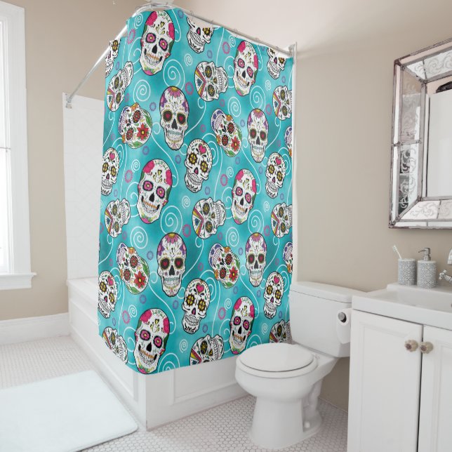 Sugar Skulls and Swirls Rose Turquoise ID725 Shower Curtain (In Situ)