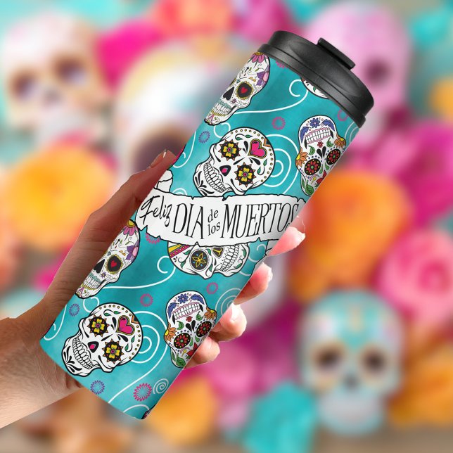 Sugar Skulls and Swirls Rose Turquoise ID725 Thermal Tumbler (Creator Uploaded)