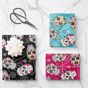Sugar Skulls and Swirls Three Colours ID725 Wrapping Paper Sheet