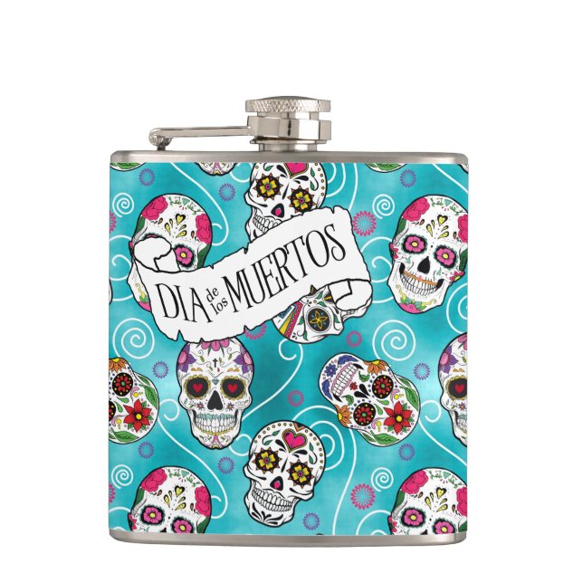 Sugar Skulls and Swirls Turquoise ID725 Hip Flask (Front)