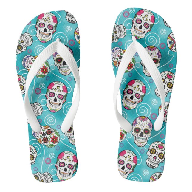 Sugar Skulls and Swirls Turquoise ID725 Thongs (Footbed)