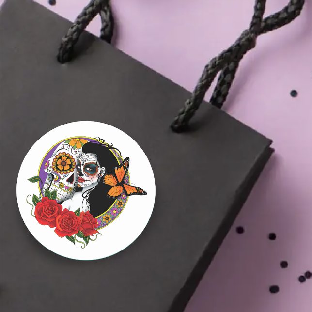 Sugar Skulls Art Nouveau Classic Round Sticker (Creator Uploaded)