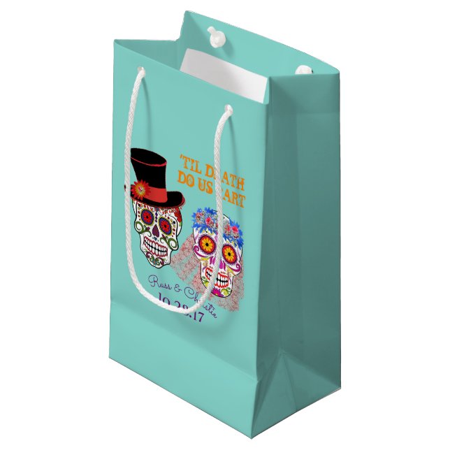 Sugar Skulls Bride & Groom Until Death Do Us Party Small Gift Bag (Front Angled)