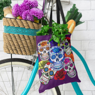 Sugar Skulls Colourful Roses Cinco All Souls Day Tote Bag