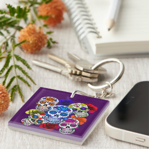 Sugar Skulls Colourful Roses Cinco All Souls Key Ring