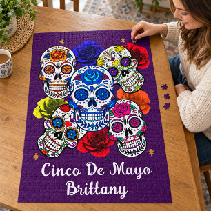 Sugar Skulls Colourful Roses Cinco All Souls Name Jigsaw Puzzle