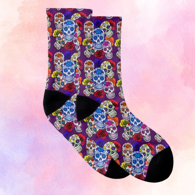 Sugar Skulls Colourful Roses Cinco All Souls Unise Socks (Creator Uploaded)
