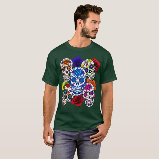 Sugar Skulls Colourful Roses Cinco All Souls Unise T-Shirt (Front Full)