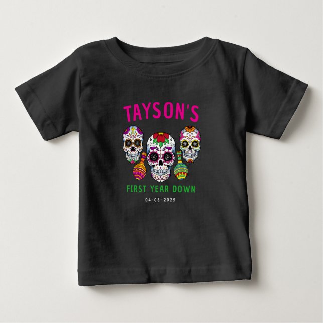 Sugar Skulls Day 1st Birthday Party Colourful Día Baby T-Shirt (Front)