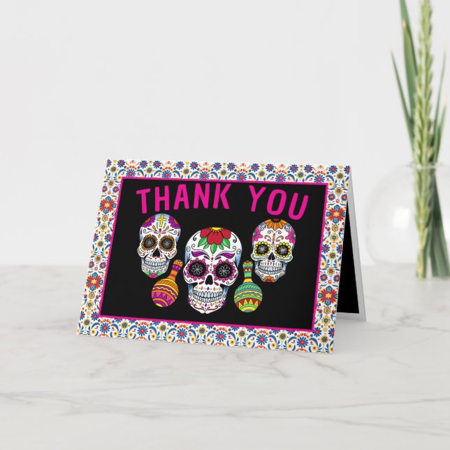 Sugar Skulls Day 1st Birthday Party Colourful Día Thank You Card (Front)