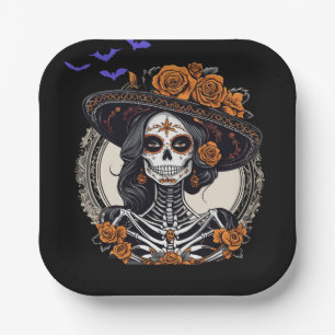 Sugar Skulls Day of the Dead Catrina Skeleton Paper Plate