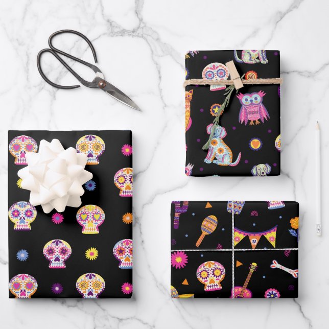 Sugar Skulls Day of the Dead Halloween Colourful Wrapping Paper Sheet (Front)