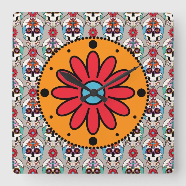 Sugar Skulls Graphic Square Wall Clock (Front)