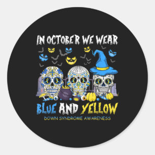 Sugar Skulls Halloween Blue And Yellow Down Syndro Classic Round Sticker